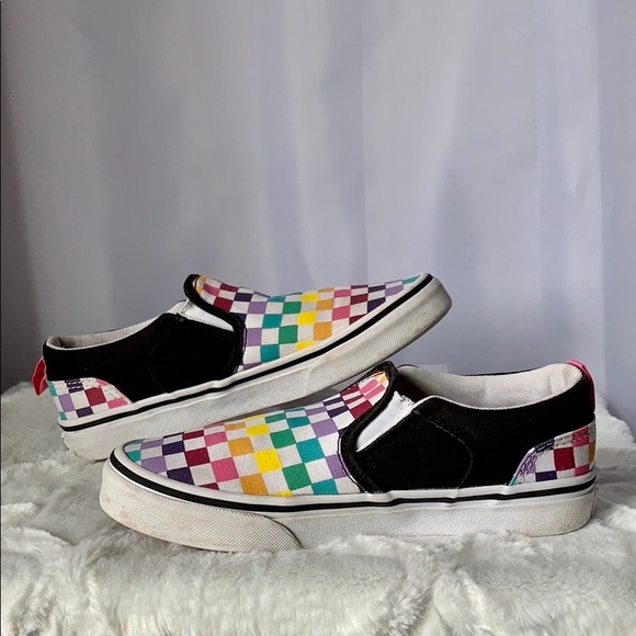 multi coloured slip on vans